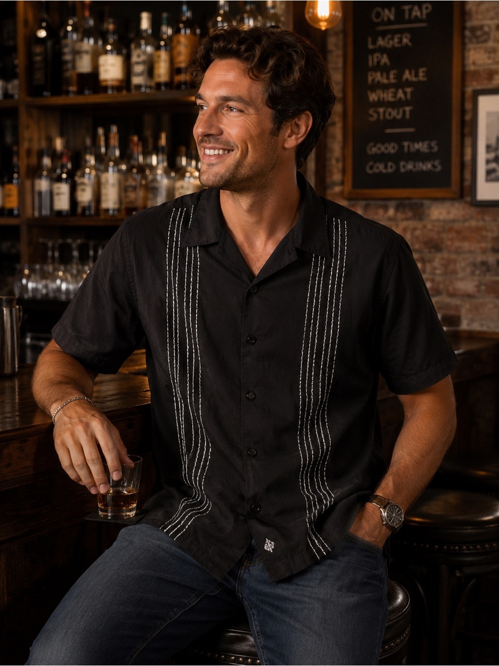 NWN Men's Black Guayabera Shirt - L